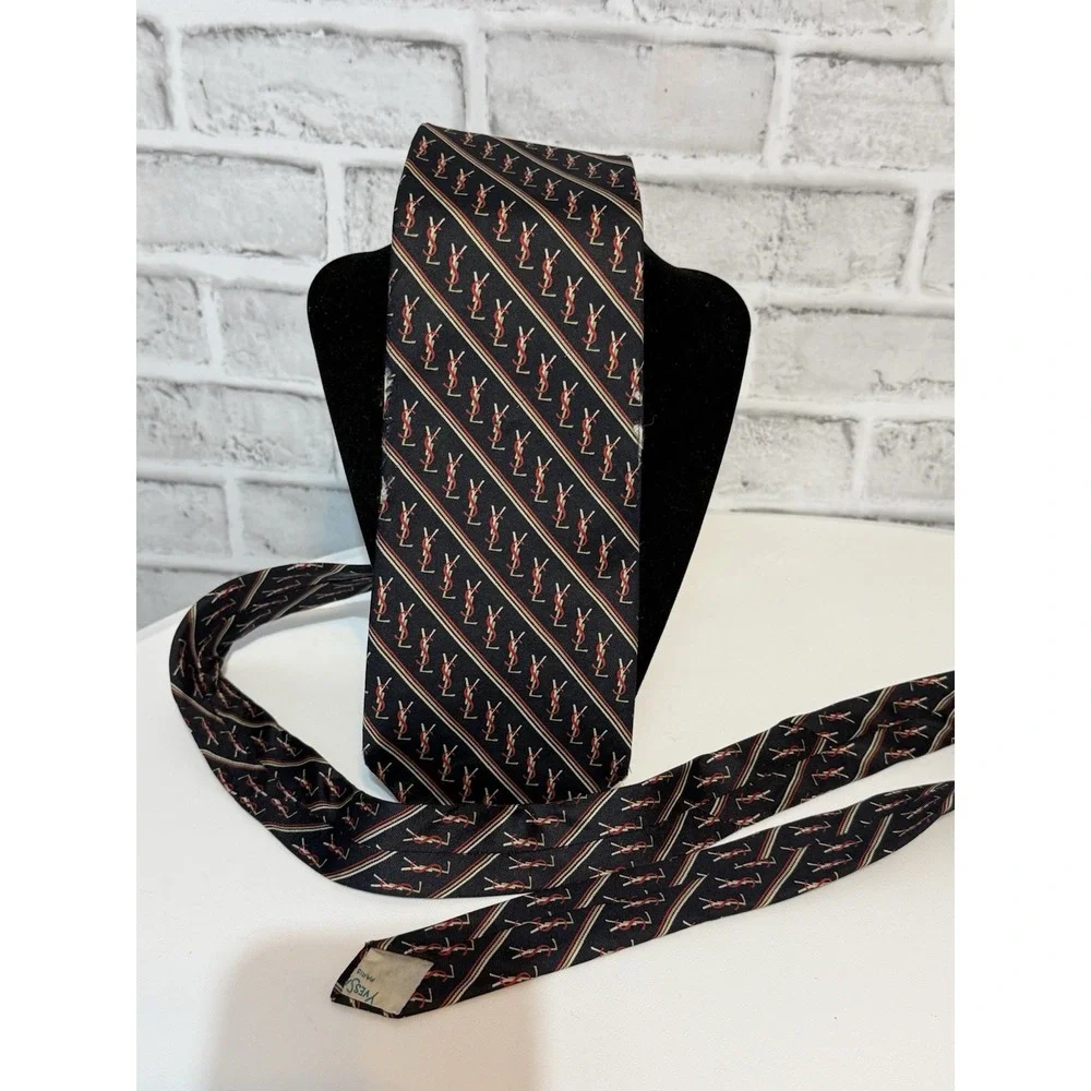 Yves Saint Laurent YSL Vintage Tie Navy Red Logo Monogram Designer Necktie USA
